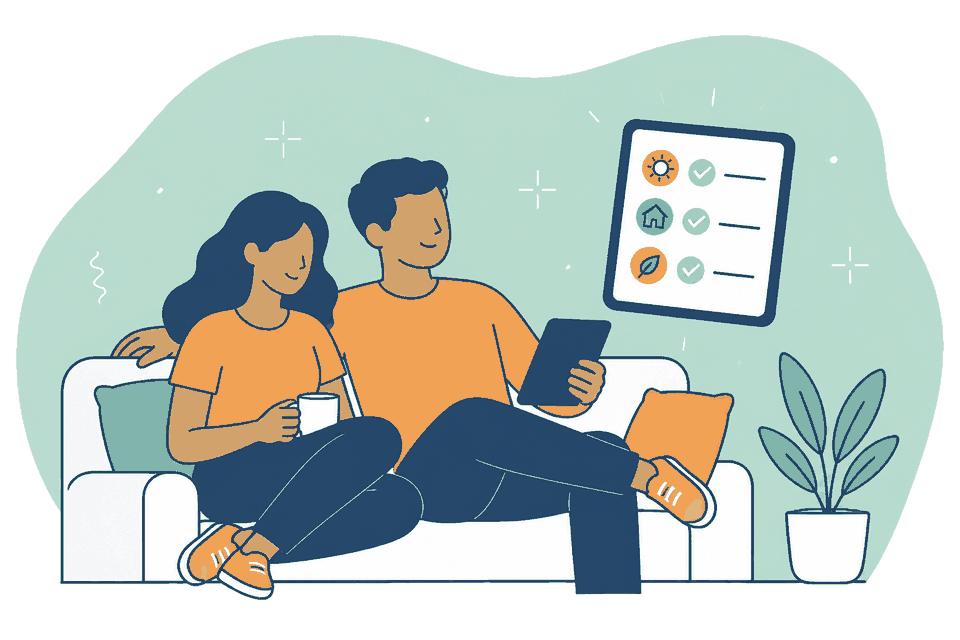 Relaxed couple completing an easy comparison at home